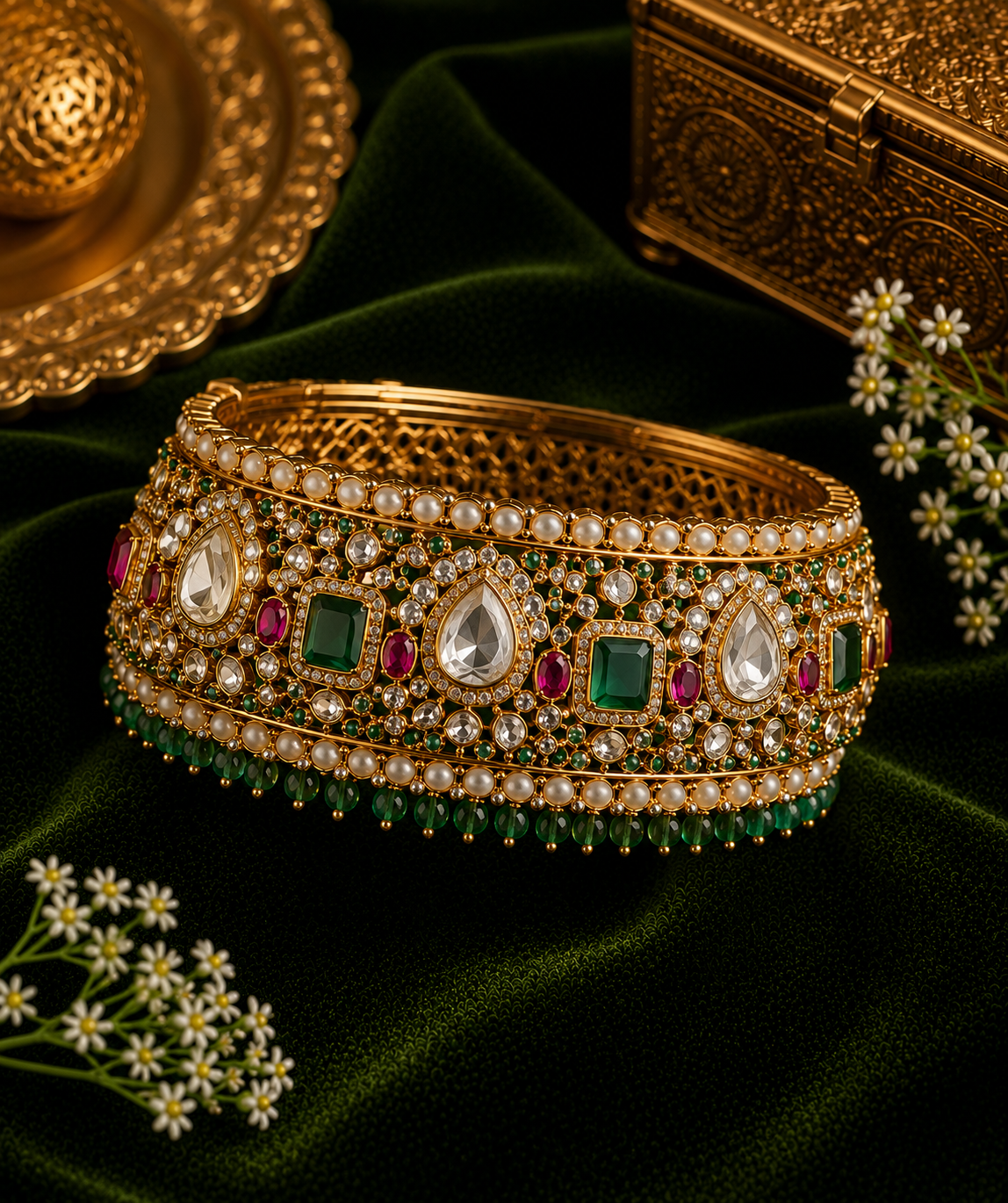 kundan and mossainite with semi precious stones